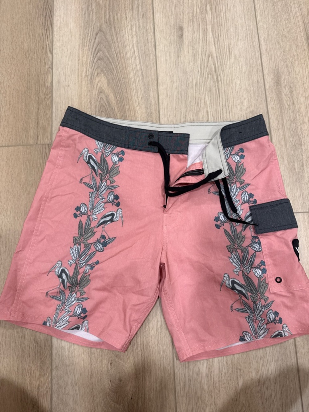 RVCA Pink Floral & Bird Swim Board Shorts with Charcoal Waistband